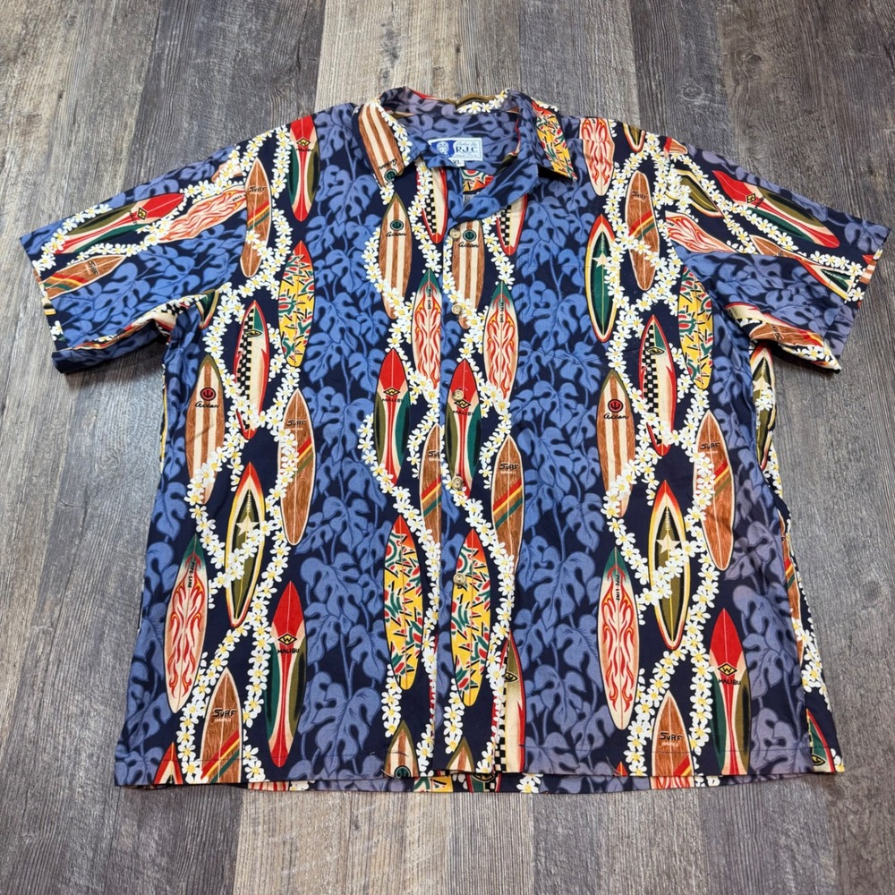 RJC Short Sleeve Surfboard Floral Hawaiian Shirt Men XL Blue Vintage Hawaii